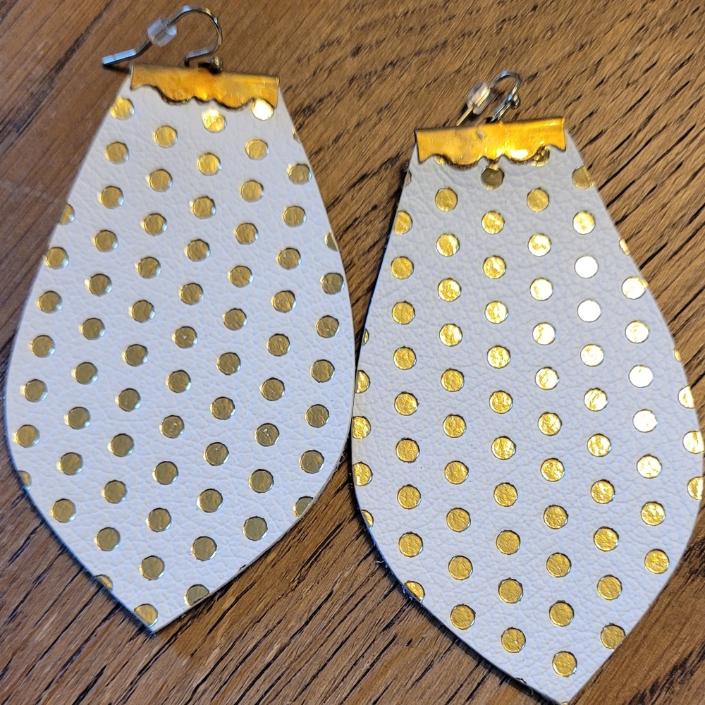 Leather Gold Dot White Earrings